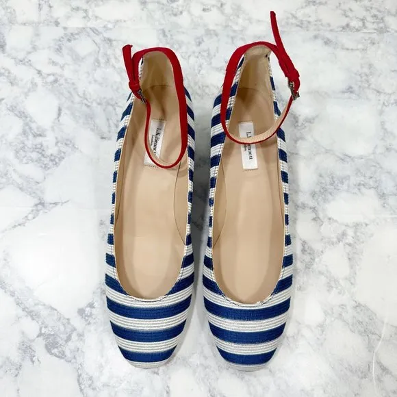 LK Bennett Hadley Blue White Striped Closed Courts Heels