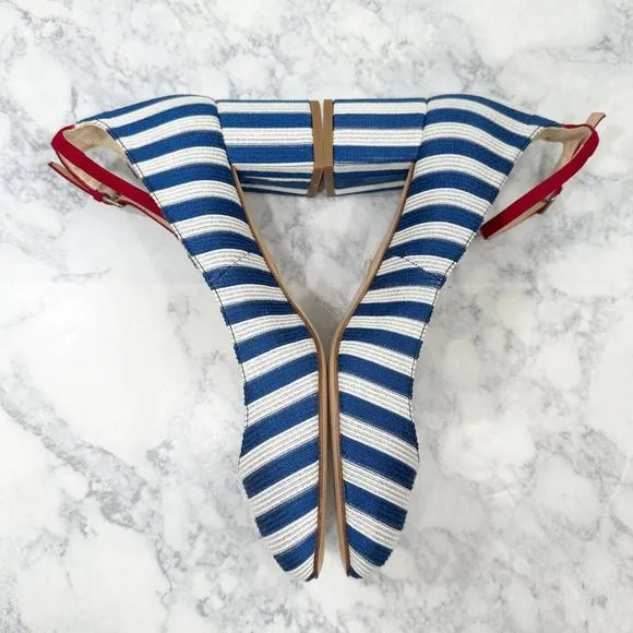LK Bennett Hadley Blue White Striped Closed Courts Heels