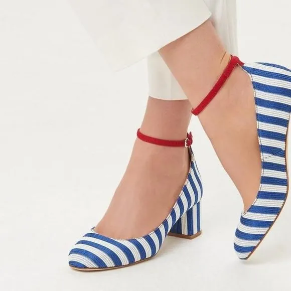 LK Bennett Hadley Blue White Striped Closed Courts Heels