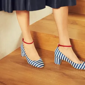 LK Bennett Hadley Blue White Striped Closed Courts Heels