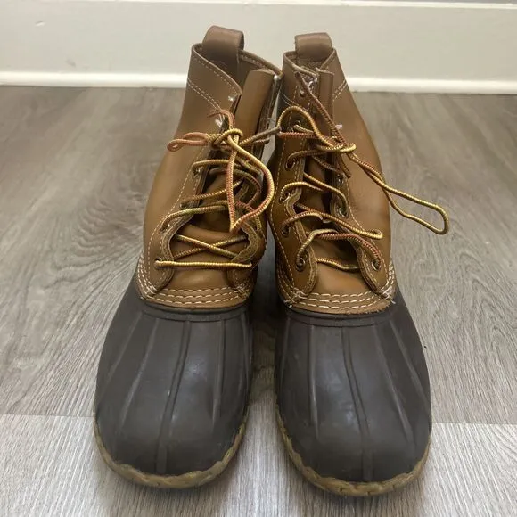 LL Bean Duck Boots Mens Size 10 8&quot; Brown Leather Upper Lace Up Shoes Worn Soles