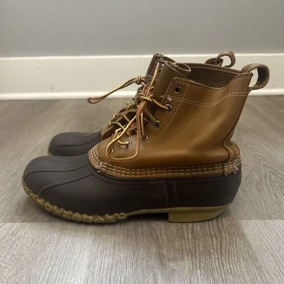 LL Bean Duck Boots Mens Size 10 8&quot; Brown Leather Upper Lace Up Shoes Worn Soles