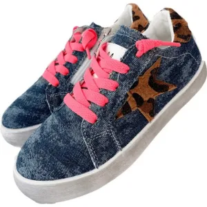 LOLA   THE BOYS | Girls Neon Pink Denim Animal Print Star Sneakers | Sz 8C (24)