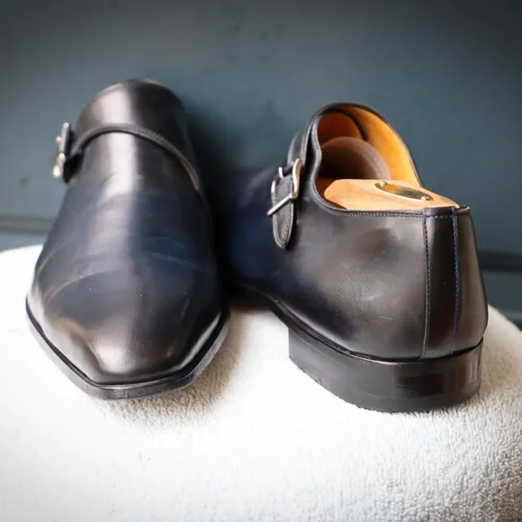 Magnanni 8.5-M Black and Blue-hued Monk Strap Mens Dress Shoes