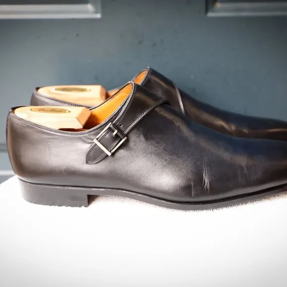 Magnanni 8.5-M Black and Blue-hued Monk Strap Mens Dress Shoes