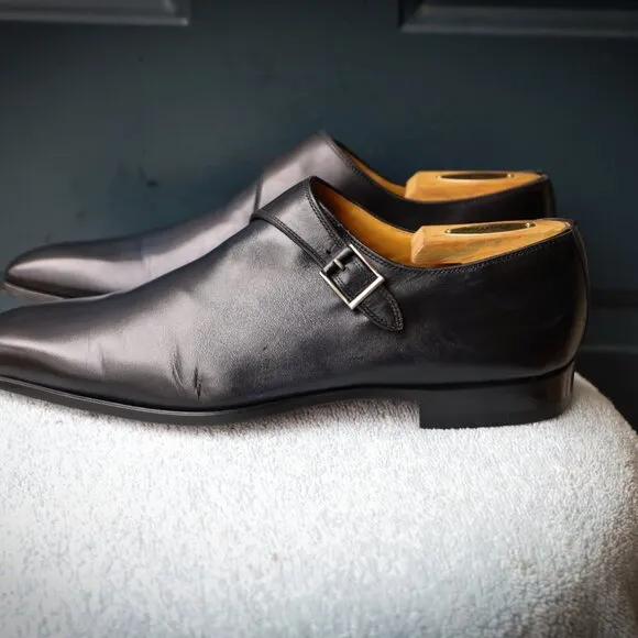 Magnanni 8.5-M Black and Blue-hued Monk Strap Mens Dress Shoes