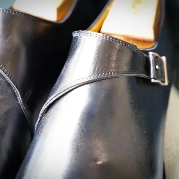 Magnanni 8.5-M Black and Blue-hued Monk Strap Mens Dress Shoes