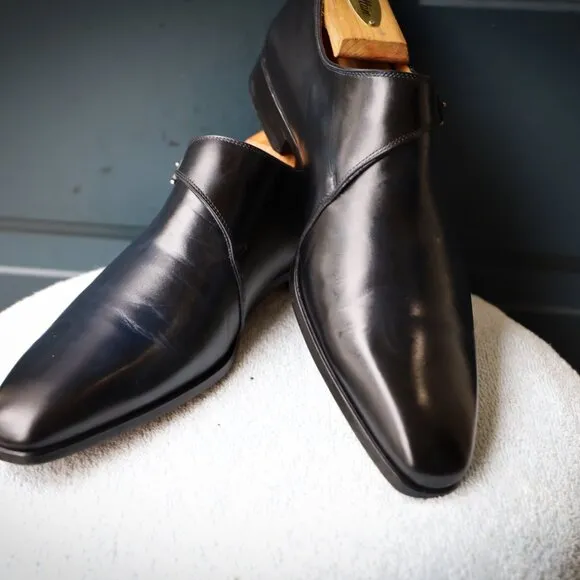 Magnanni 8.5-M Black and Blue-hued Monk Strap Mens Dress Shoes