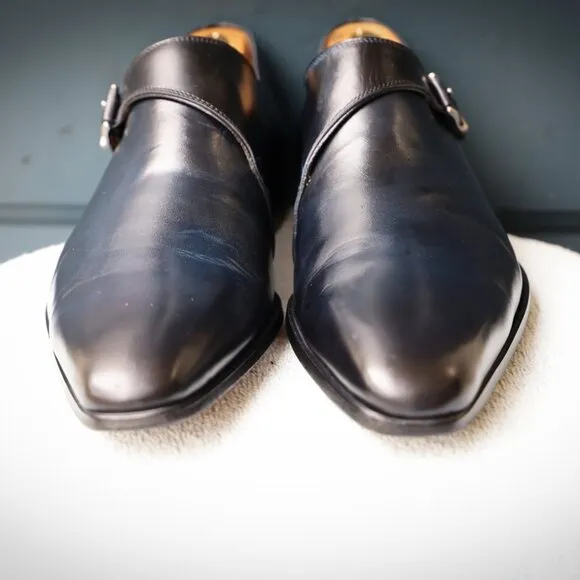 Magnanni 8.5-M Black and Blue-hued Monk Strap Mens Dress Shoes