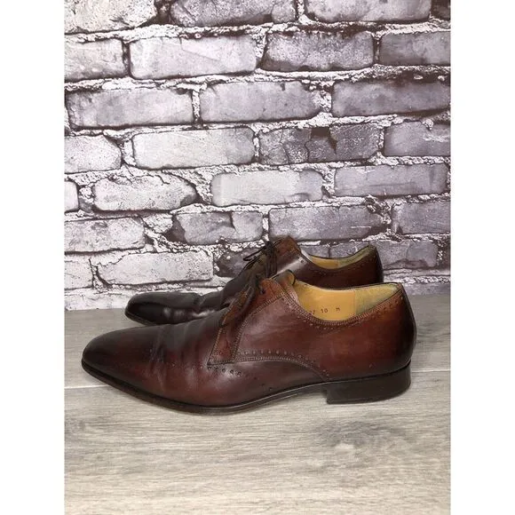 Magnanni Neiman Marcus Burnished Brown Leather Wingtip Dress Shoes Men Sz 10M US