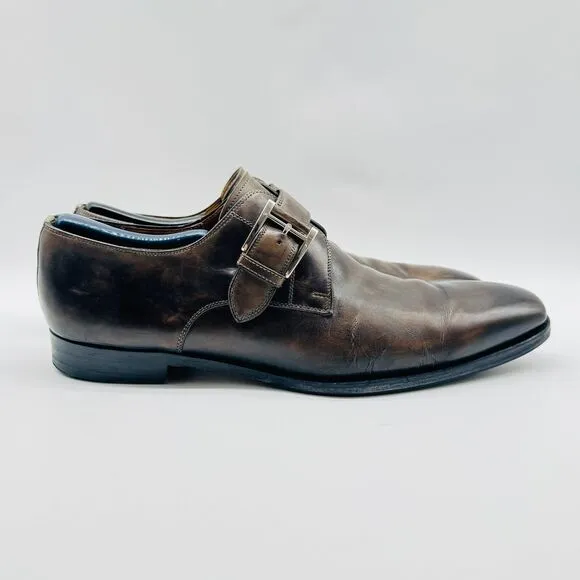 Magnanni Shoes Mens 9 Brown Leather Monk Strap Casual Dress Slip On Oxford