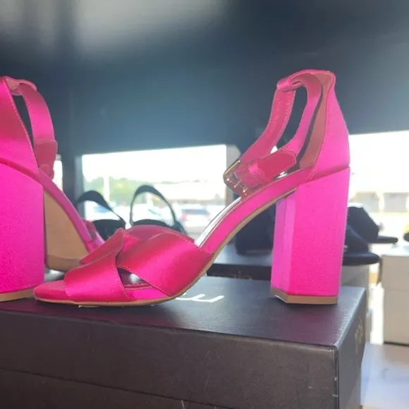 Maje Silk and Leather Heels Rose Fluo Forigama Sandals New in Box sz 8