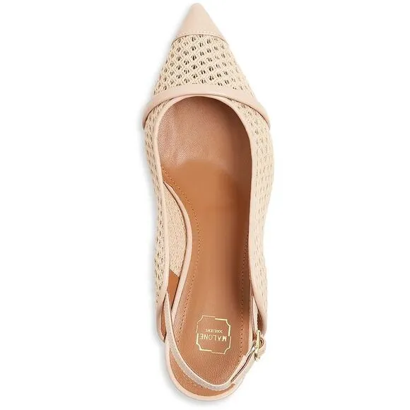 Malone Souliers Womens Marion Beige Leather Kitten Slingback Heels Shoes New