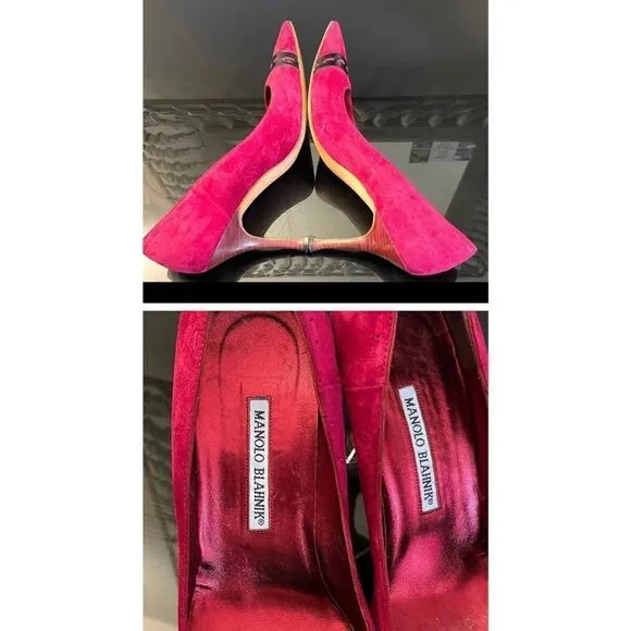 manolo blahnik red/black suede pointed heels 4&quot; women's shoes size 8.5 medium