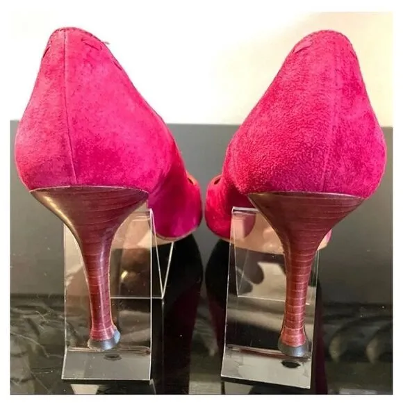 manolo blahnik red/black suede pointed heels 4&quot; women's shoes size 8.5 medium