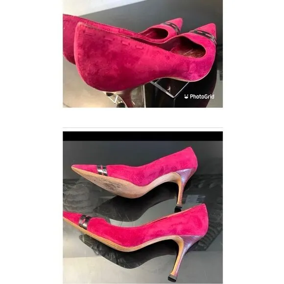 manolo blahnik red/black suede pointed heels 4&quot; women's shoes size 8.5 medium