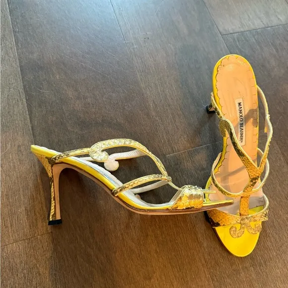 Manolo Blahnik Yellow Snake Print Sandals