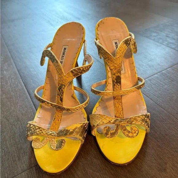 Manolo Blahnik Yellow Snake Print Sandals