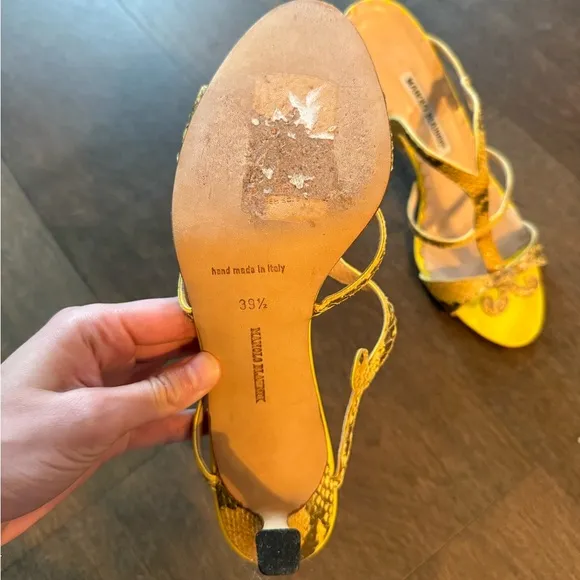 Manolo Blahnik Yellow Snake Print Sandals