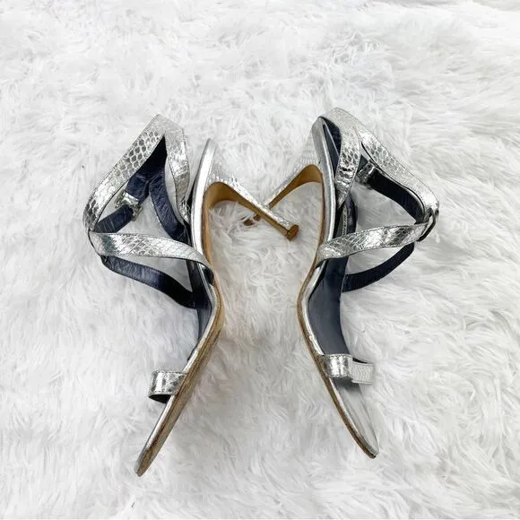 Manolo Blahnik Metallic Strappy Snakeskin Leather Heeled Sandals