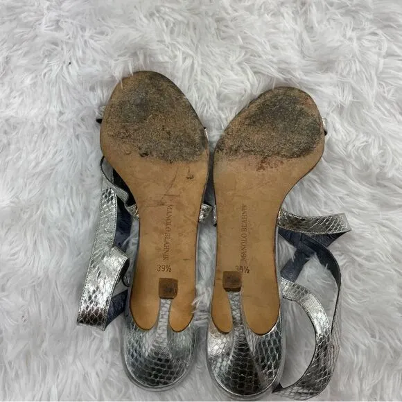 Manolo Blahnik Metallic Strappy Snakeskin Leather Heeled Sandals
