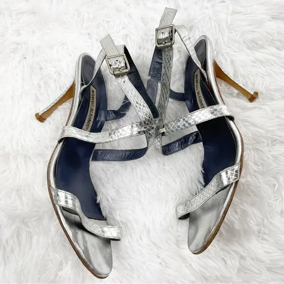 Manolo Blahnik Metallic Strappy Snakeskin Leather Heeled Sandals