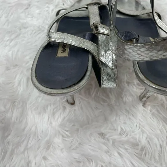 Manolo Blahnik Metallic Strappy Snakeskin Leather Heeled Sandals