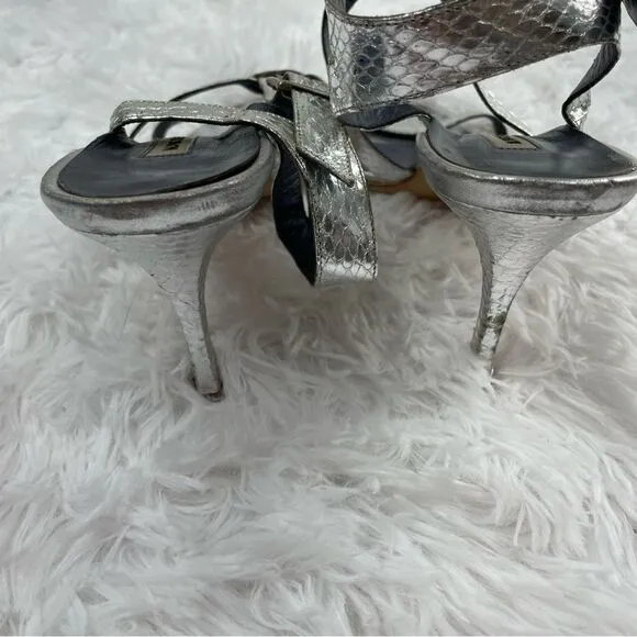 Manolo Blahnik Metallic Strappy Snakeskin Leather Heeled Sandals