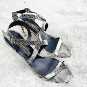 Manolo Blahnik Metallic Strappy Snakeskin Leather Heeled Sandals