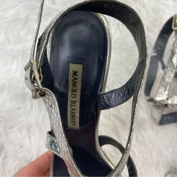 Manolo Blahnik Metallic Strappy Snakeskin Leather Heeled Sandals