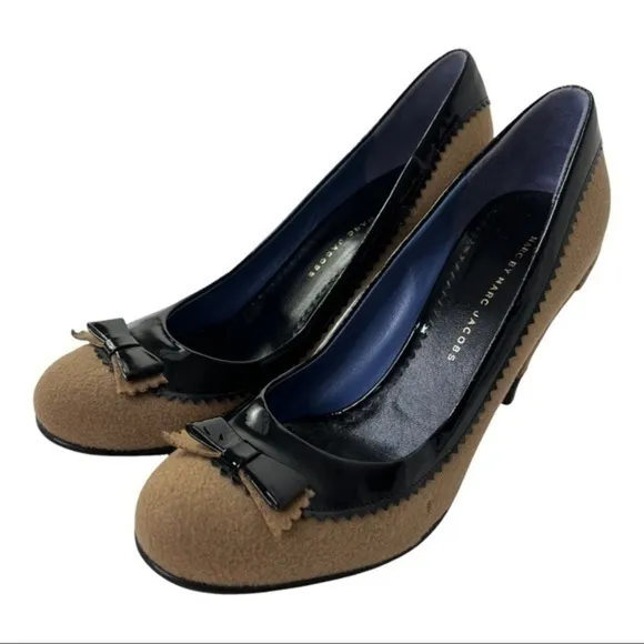 Marc by Marc Jacobs Slip On Brown Suede W/ Black Bow Heels Shoes Size 39 1/2