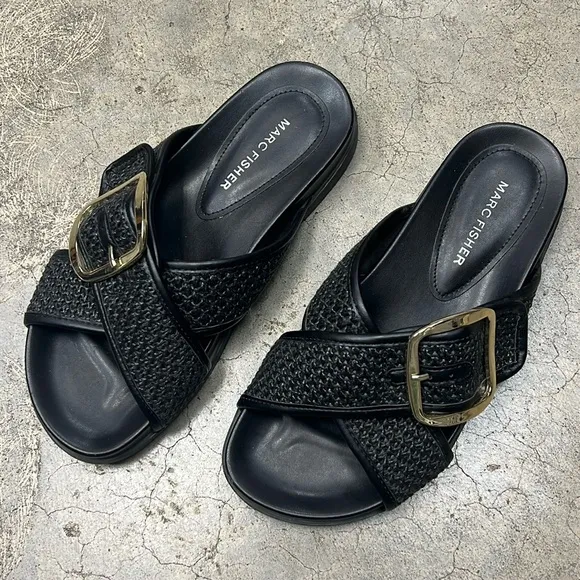 Marc Fisher black weave slide sandals