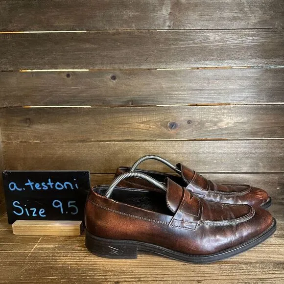 Mens A. Testoni Brown Leather Slip On Dress Penny Loafers Shoes Size 9.5 M GUC‎