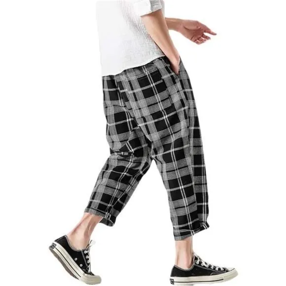 Men's Casual Capri Pants Elastic Waist Wide Leg Loose Baggy Harem Pants, Black