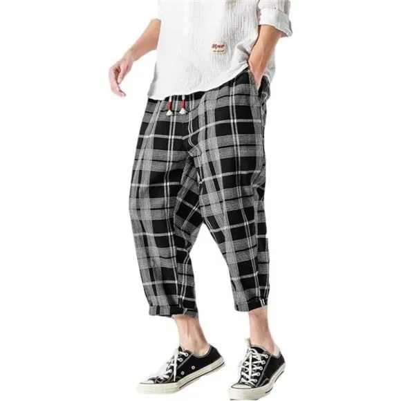 Men's Casual Capri Pants Elastic Waist Wide Leg Loose Baggy Harem Pants, Black