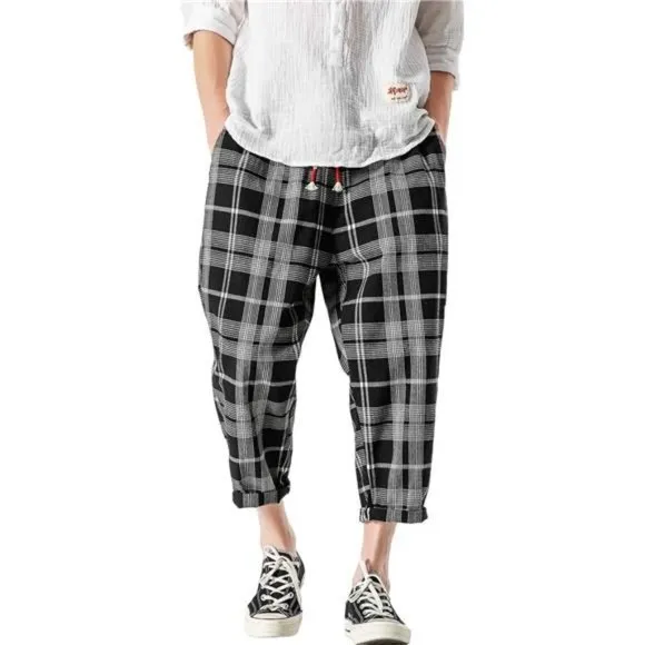 Men's Casual Capri Pants Elastic Waist Wide Leg Loose Baggy Harem Pants, Black