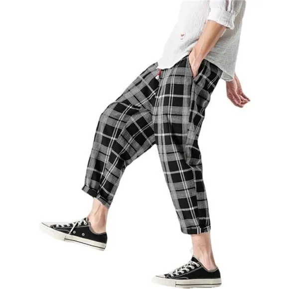 Men's Casual Capri Pants Elastic Waist Wide Leg Loose Baggy Harem Pants, Black