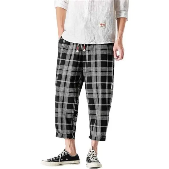 Men's Casual Capri Pants Elastic Waist Wide Leg Loose Baggy Harem Pants, Black
