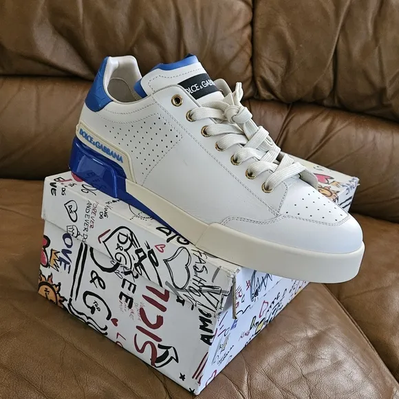 Men's Dolce &amp; Gabbana Off-White and Blue High-End Leather Sneakers Size 9 US