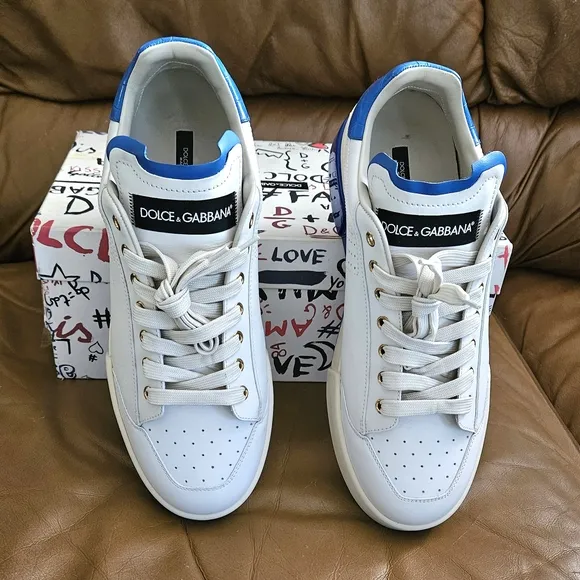 Men's Dolce &amp; Gabbana Off-White and Blue High-End Leather Sneakers Size 9 US