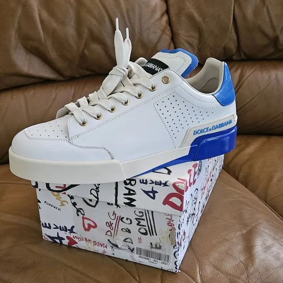 Men's Dolce &amp; Gabbana Off-White and Blue High-End Leather Sneakers Size 9 US