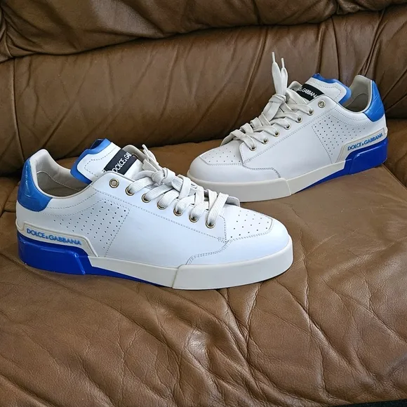 Men's Dolce &amp; Gabbana Off-White and Blue High-End Leather Sneakers Size 9 US