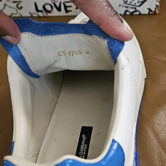 Men's Dolce &amp; Gabbana Off-White and Blue High-End Leather Sneakers Size 9 US
