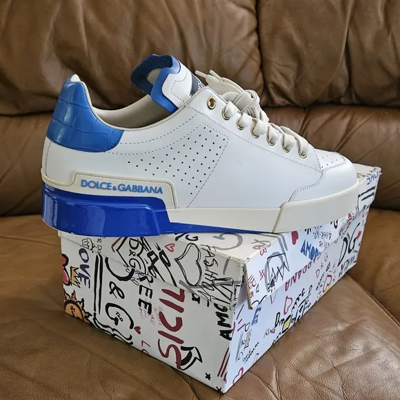 Men's Dolce &amp; Gabbana Off-White and Blue High-End Leather Sneakers Size 9 US