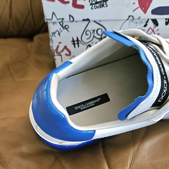 Men's Dolce &amp; Gabbana Off-White and Blue High-End Leather Sneakers Size 9 US