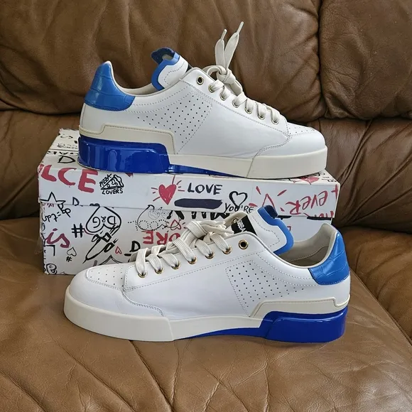 Men's Dolce &amp; Gabbana Off-White and Blue High-End Leather Sneakers Size 9 US