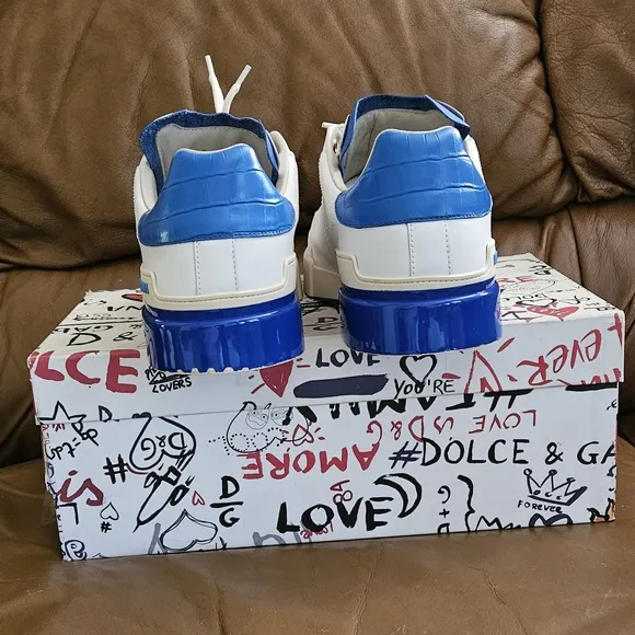 Men's Dolce &amp; Gabbana Off-White and Blue High-End Leather Sneakers Size 9 US