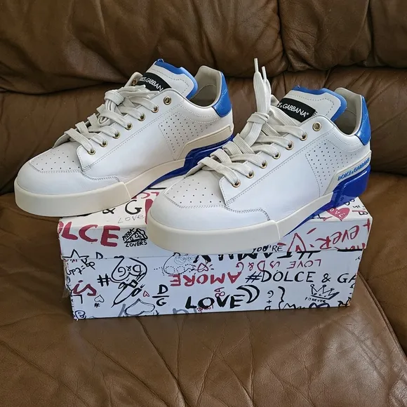 Men's Dolce &amp; Gabbana Off-White and Blue High-End Leather Sneakers Size 9 US
