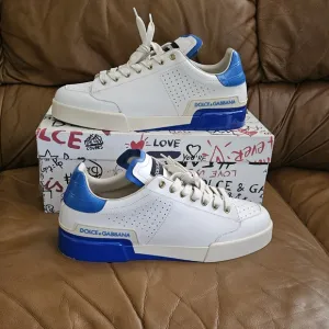 Men's Dolce &amp; Gabbana Off-White and Blue High-End Leather Sneakers Size 9 US