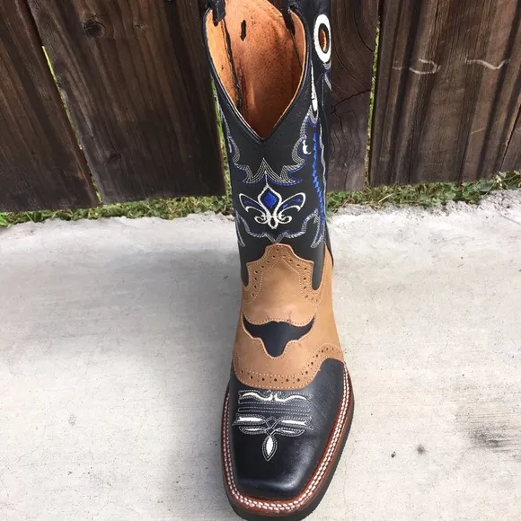 Mens Western Rodeo Genuine Leather Square Toe Black tan Boots Bota Vaquera 721